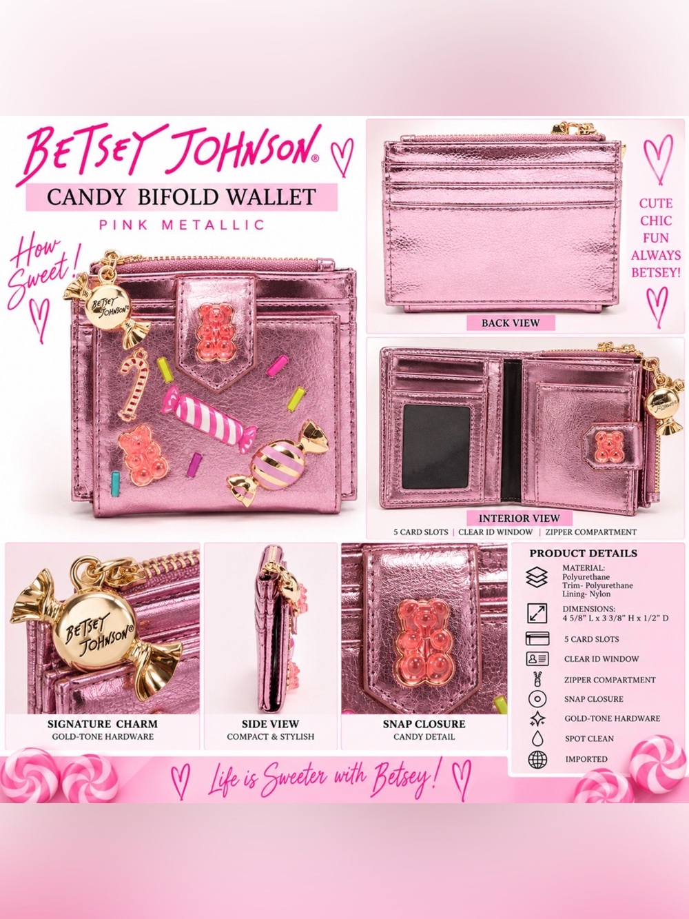 BETSEY JOHNSON CANDY BIFOLD WALLET – PINK METALLIC (NEW WITH TAGS) A3